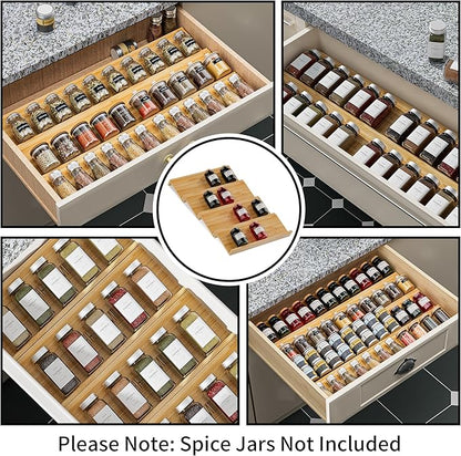 OHHLIHOME Bamboo Spice Drawer Organizer - 4 Pack 13"x4.7"x1.6" Spice Rack Tray - Spice Jars Drawers Insert - Seasoning Organizer for Drawers/Countertop (Jars not included)…