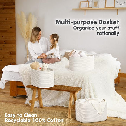 CHAT BLANC Cotton Rope Baskets for Organizing | Storage Baskets for Shelves | Rope Basket for Storage, Small Laundry Baskets, Woven Baskets for Storage, Dog Toy Bin, Baby Basket, Creamy White 3 Pack