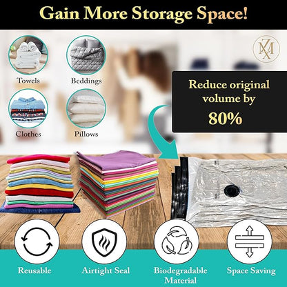 CasaZX Vacuum Storage Bags – 12 Pack with Hand Pump | Space Saver Compression Bags for Clothes & Bedding | Extra Thick, Airtight Double-Zip, Triple-Valve | Reusable Storage (Jumbo/Large/Medium)