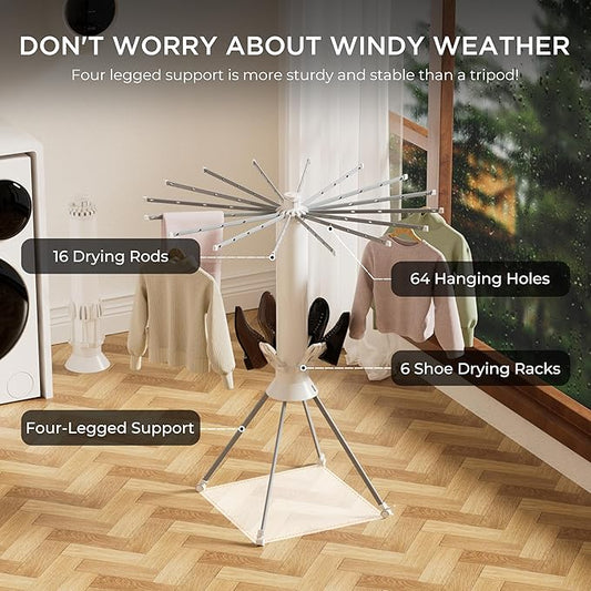 Clothes Drying Rack 4-Legged, Foldable Laundry Drying Racks with Anti-Slip Holes and 4 Pulleys, Shoe Dryer Rack, Outdoor Portable Drying Rack Clothing, Indoor Dry Rack for Clothes, Shoes, Towel