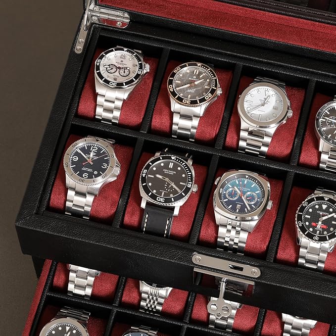 ROTHWELL 20 Slot Leather Watch box - Luxury Case Display Jewelry Organizer, - Locking Display Case Holder with Large Real Glass Top - Watch Box Organizer for Men and Women (Black/Red)