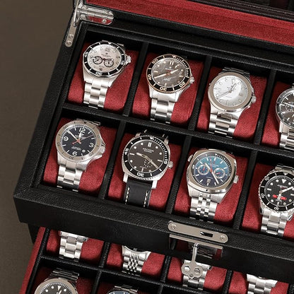 ROTHWELL 20 Slot Leather Watch box - Luxury Case Display Jewelry Organizer, - Locking Display Case Holder with Large Real Glass Top - Watch Box Organizer for Men and Women (Black/Red)
