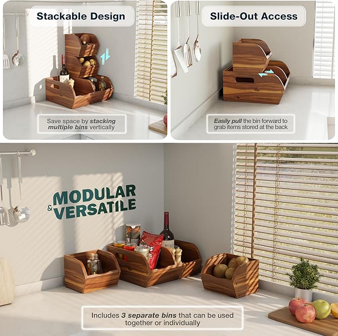 Acacia Wood Pantry Storage Bins – Stackable Open Front Kitchen Baskets for Potato, Onion, Fruit, Bread & More – Rustic Wooden Basket for Pantry - Easy Assembly with Tools & Hardware Included