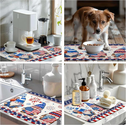 Wnoesat 4th of July Dish Drying Mats for Kitchen Counter 18x24 In Memorial Independence Day Patriotic Gnome Stars Microfiber Drying Mat Fourth of July USA Super Absorbent Dish Rack Mat Drying Pad