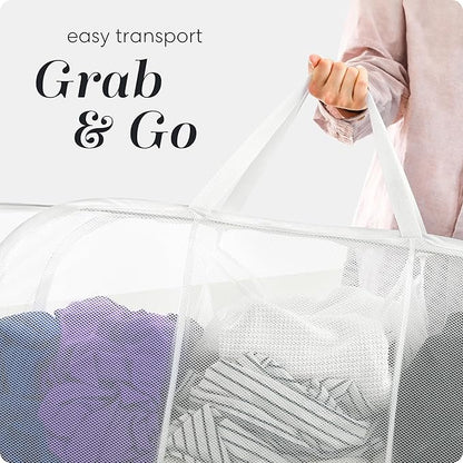 Foldable Laundry Basket - Popup and Collapsible, Durable Mesh Material, Folds for Storage, Easy Carry Handles - Great Hamper for College Dorm, Laundry Room or Travel (White, 3-Compartments)