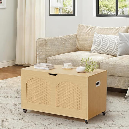Storage Chest, Rattan-Style Toy Storage Bench with Lid and Wheels, Square Storage Trunk for Entryway, Bedroom, Living Room(Wood)