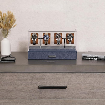 ROTHWELL Luxury Watch Display Case for 4 Watches – Leather Watch Box with Acrylic Cover and Removable Slide in Cushions – Accessory Drawer with Multiple Configurations (Blue/Tan)