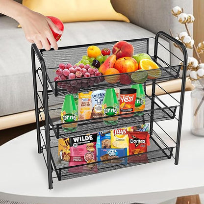 CVHOMEDECO. 3 Tier Fruit Basket Large Capacity Rectangular Metal Fruit Bowl Detachable Metal Fruit Stands Organizer for Kitchen Counter, Bread, Vegetable, Snack and Fruits. Black