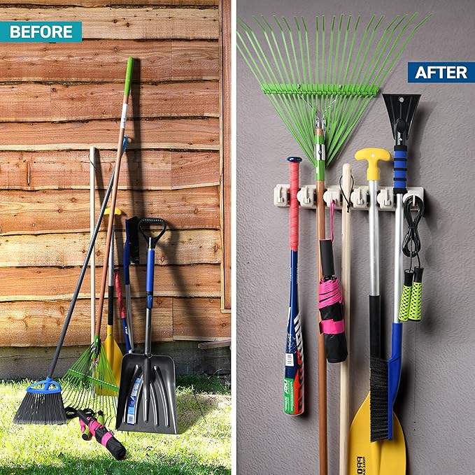 HOME IT Mop And Broom Holder Wall Mount - Garage Storage Systems with 5 Slots, 6 Hooks, 7.5lbs Capacity Per Slot - Garden Tool Organizer For Home, Kitchen, Closet, Garage, Laundry Room - Off-White