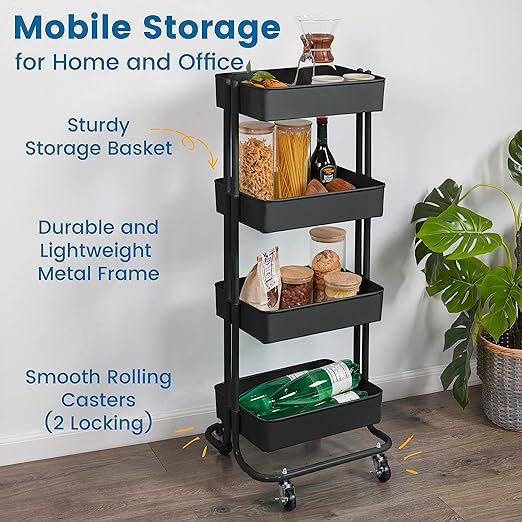 ECR4Kids 4-Tier Metal Rolling Utility Cart, Multipurpose Storage, Black