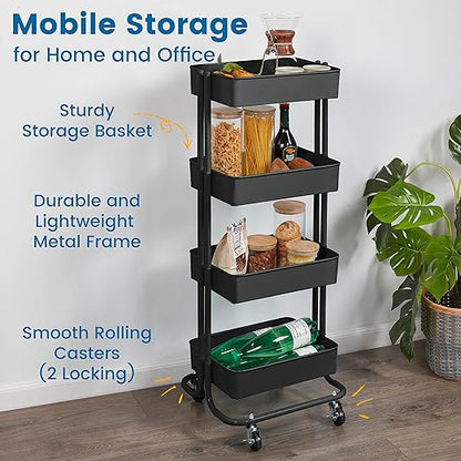 ECR4Kids 4-Tier Metal Rolling Utility Cart, Multipurpose Storage, Black