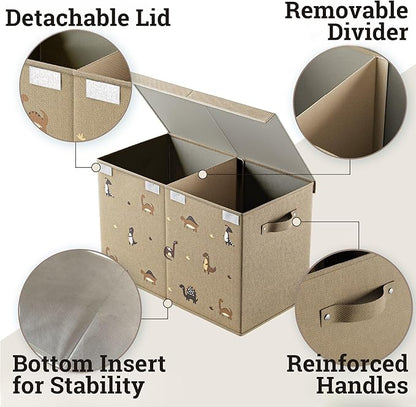 Collapsible Toy Storage Box with Handles, Removable Divider & Detachable Lid - Dinosaur Print Kids Toy Box for Boys & Girls - Storage for Toys Living Room, Bedroom & Playroom - Large Bin for Toys