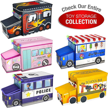 KAP Toy box for boys, Junior size, interactive Light up LED Toy chest, Children's Decorative Racing Truck Storage Bin, Toy Storage, Foldable Storage/Toy Box, Pop up Organizer, (Racing Collection)