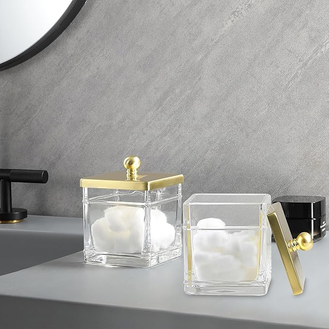Indecor Home Glass Cotton Jar Holder 2 Pack– Brushed Gold Lid, Elegant Bathroom Storage Canister for Qtips, Cotton Balls, Floss, Makeup Organizer, Vanity & Bathroom Organization