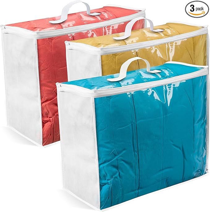 VitalUp 3 pack Clear Plastic Storage Bag with Zipper, Foldable Moving Bag for Comforters, Blankets, Bedding, Storage Containers, Breathable, Durable Clothes and Duvet Closet Organizers, 18x15x9