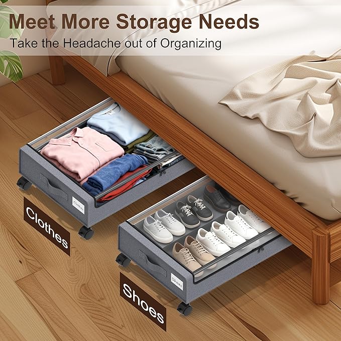 VXEAPADE Under Bed Storage with Wheels - 2Pack Underbed Storage Containers with Clear Lid & Label, Under The Bed Rolling Storage Bins for Shoes, Clothes, Blankets, Books (Grey, Large)