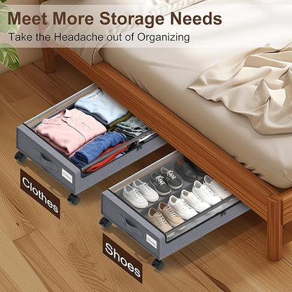VXEAPADE Under Bed Storage with Wheels - 2Pack Underbed Storage Containers with Clear Lid & Label, Under The Bed Rolling Storage Bins for Shoes, Clothes, Blankets, Books (Grey, Large)