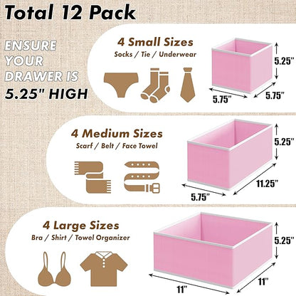 SIMPLE HOUSEWARE Foldable Drawer Organizer for Clothes/Underwear/Panty/Onesie Stocking Bin, Set of 12, Pink