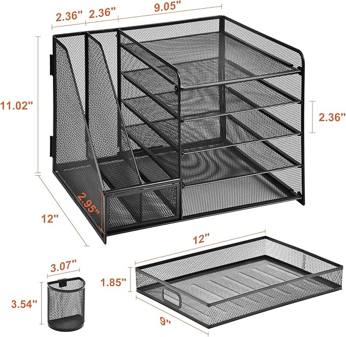 Marbrasse Desk Organizer with File Holder, 5-Tier Paper Letter Tray Organizer with Drawer and 2 Pen Holder, Mesh Desktop Organizer and Storage with Magazine Holder for Office Supplies(Black)