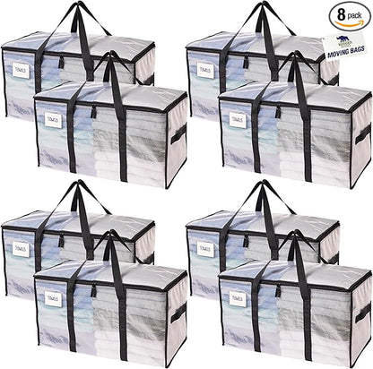 RUGGED RHINO 8 Pack Heavy Duty Extra Large Moving Bags, Durable Bag with Strong Handles and Zipper, Moving Boxes Alternative for College Packing, Holiday Décor, Space Saving Storage with Label, Clear