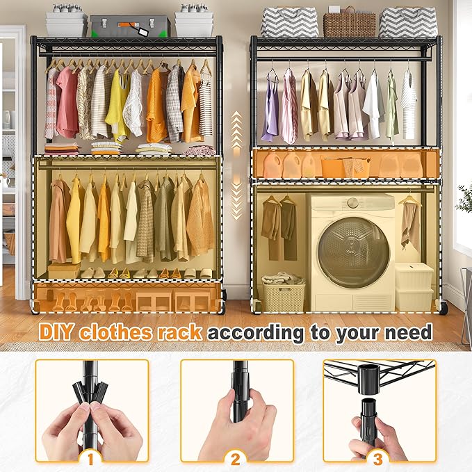Raybee Clothes Rack with Cover, 81" H Clothing Racks for Hanging Clothes, Portable Closet with Wheels, Heavy Duty Garment Rack with Side Pockets and Adjustable Feets, Max Load 440LBS, Black