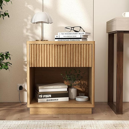 Miereirl Fluted Nightstands Set of 2 with Charging Station, LED Nightstand with Rounded Edge, 22" W Farmhouse Nightstand for Bedroom, Natural Oak