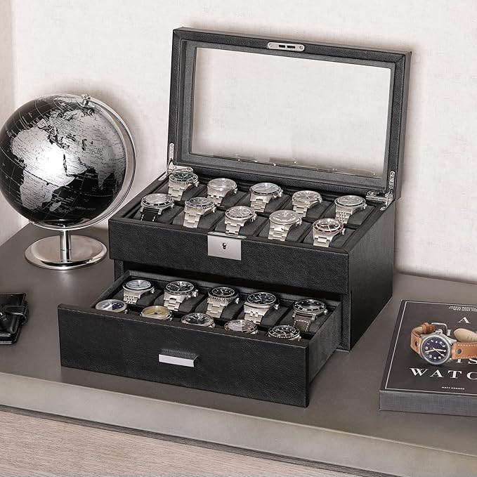 ROTHWELL 20 Slot Leather Watch box - Luxury Case Display Jewelry Organizer, - Locking Display Case Holder with Large Real Glass Top - Watch Box Organizer for Men and Women (Black/Grey)