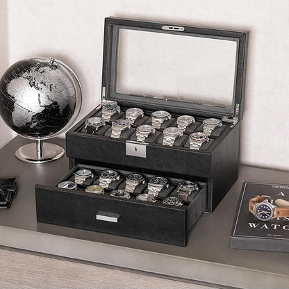 ROTHWELL 20 Slot Leather Watch box - Luxury Case Display Jewelry Organizer, - Locking Display Case Holder with Large Real Glass Top - Watch Box Organizer for Men and Women (Black/Grey)