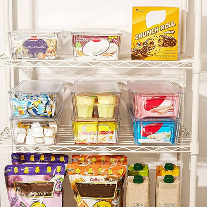 Vtopmart 4pcs Clear Organizers and Storage Bins with Lids, Stackable Plastic Storage Containers with Handles for Fridge, Freezer, Pantry, Cabinet, Kitchen Organization