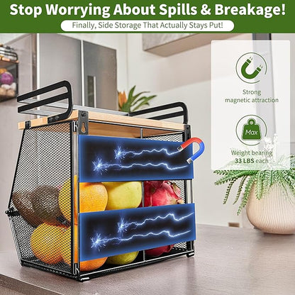 Imncya Magnetic Shelf for Refrigerator, Fridge Magnetic Fruit Basket Spice Rack with Wood Lid, Potato Onion Storage Organizer Magnetics Shelves for Refrigerator, Kitchen Counter, Pantry