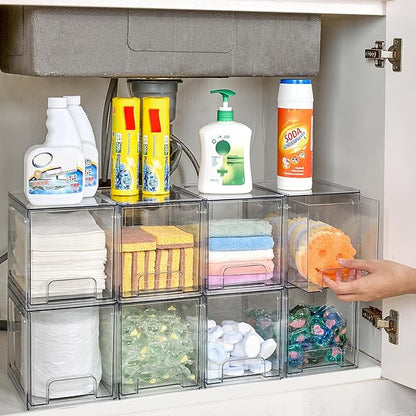 Vtopmart 4 Pack Stackable Storage Drawers, 6.6''Tall Acrylic Bathroom Makeup Organizers,Clear Plastic Drawers For Vanity, Undersink, Kitchen Cabinet,Pantry Organization and Storage