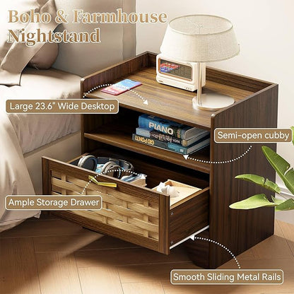 HOCAT 24" Rattan Nightstand Set of 2, Walnut Bedside Table with Semi Open Cubby, Boho Night Stand with Farmhouse Arched Base for Bedroom, Side Table, End Table for Dorm