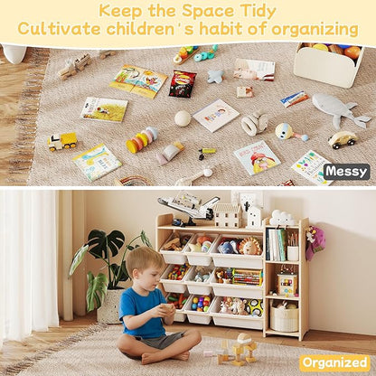 Kids Toy Storage Organizer, Wooden Shelf with 3 Tiers and 9 Storage Bins, Nursery Room Organizer for Books and Toys, White and Natural Wood
