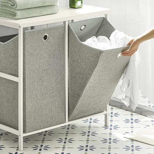 Haotian Laundry Hamper with Shelf, Laundry Basket, Laundry Sorter with 2 Pull-Out and Removable Bags for Laundry Room Bathroom Storing Rack Simple Design, BZR57-W