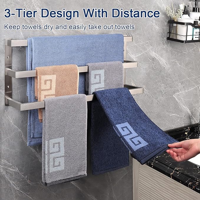 NearMoon Bathroom Towel Bar, Towel Rod Holder, Square Shelf Rack Hanging Towel for Bath, Thicken SUS304 Stainless Steel Towel Rack Wall Mounted-3-Tier Bath Accessories (24 Inch, Brushed Nickel)