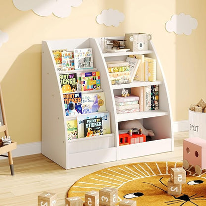 4 Tier Kids Bookshelf, 4 Layer Sling Kids Book Shelf for Kids Rooms,Wood Children Bookcase,Baby Storage Book Rack,Toddler Bookshelf, Book and Toy Organizer,Book Display Shelf for Bedroom, Nursery