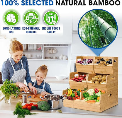 [Upgraded] 3-tier Stackable Bamboo Pantry Storage Bins, Potato and Onion Storage Baskets with Handles, Removable Divider, Pantry Organizer Holder for Kitchen, Office, Cabinet, Fruit Storage