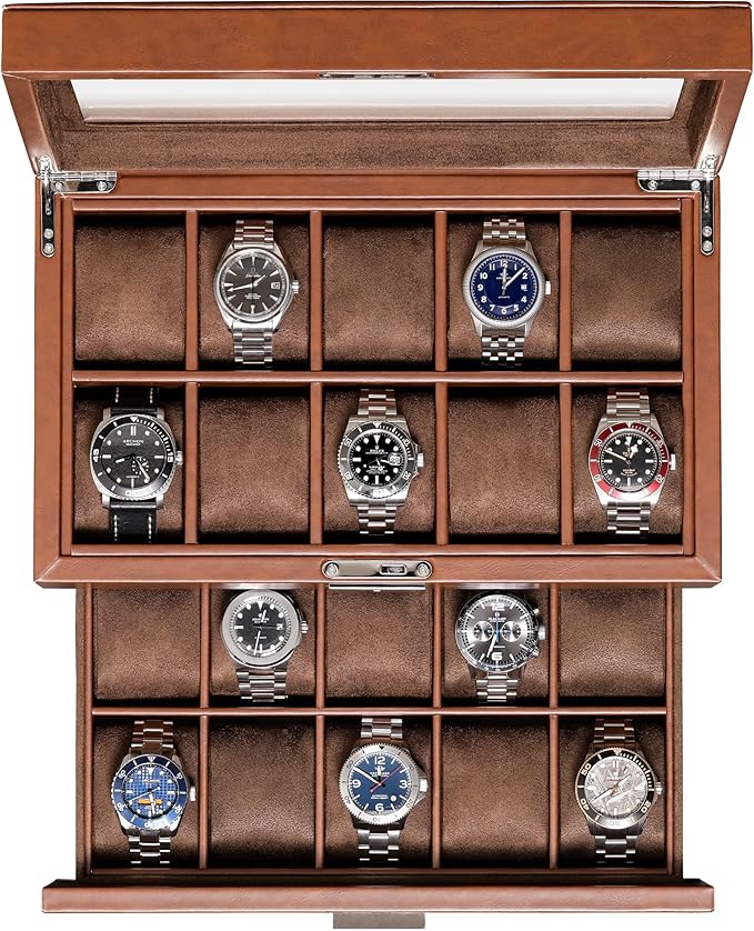 ROTHWELL 20 Slot Leather Watch box - Luxury Case Display Jewelry Organizer, - Locking Display Case Holder with Large Real Glass Top - Watch Box Organizer for Men and Women (Tan/Brown)