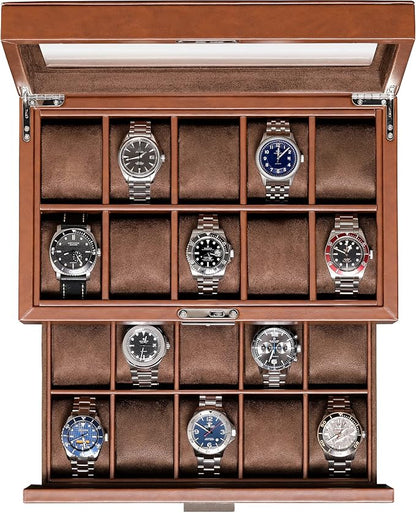 ROTHWELL 20 Slot Leather Watch box - Luxury Case Display Jewelry Organizer, - Locking Display Case Holder with Large Real Glass Top - Watch Box Organizer for Men and Women (Tan/Brown)