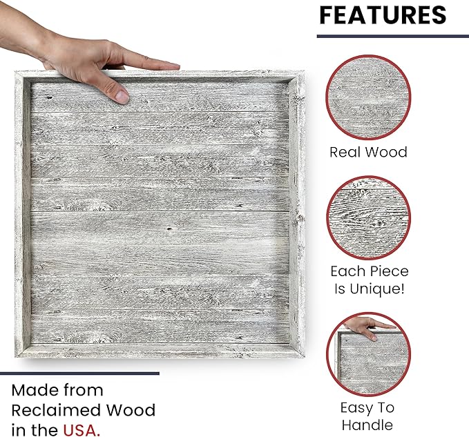 Wooden Ottoman Tray with Felt Pad – Decorative Couch Serving Tray Made with Real Rustic Reclaimed Wood - Perfect for Living Room Ottomans, Sofas, & Coffee Tables -24" x 24"- White Wash