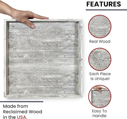 Wooden Ottoman Tray with Felt Pad – Decorative Couch Serving Tray Made with Real Rustic Reclaimed Wood - Perfect for Living Room Ottomans, Sofas, & Coffee Tables -24" x 24"- White Wash