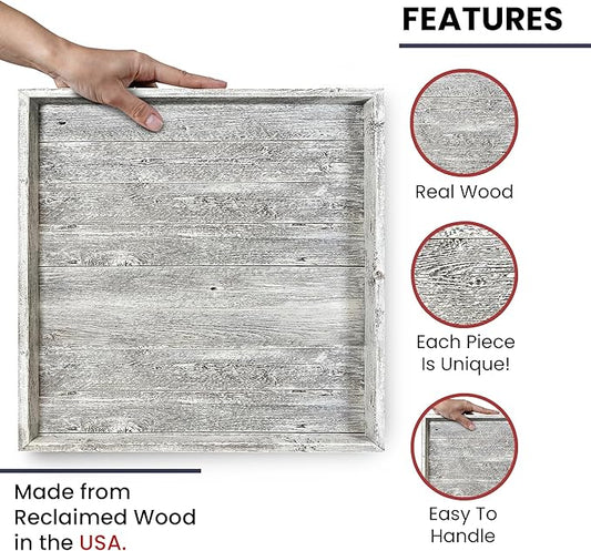 Wooden Ottoman Tray with Felt Pad – Decorative Couch Serving Tray Made with Real Rustic Reclaimed Wood - Perfect for Living Room Ottomans, Sofas, & Coffee Tables -24" x 24"- White Wash