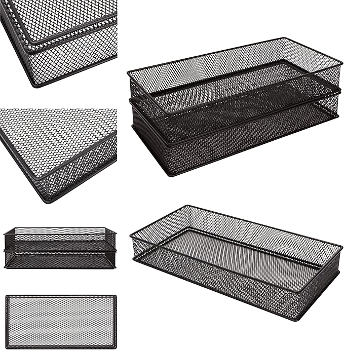 Annova Mesh Stackable Drawer Cabinet and Shelf Organizer Bins Storage Basket School Office Supply Holder Tray- Set of 2 (Black, 6x12x2 Inch)
