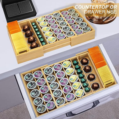 MinBoo Bamboo K Cup Holder for Drawer or Countertop Coffee Pod Holder Expandable K Cup Pod Storage Tea bag organizer K Cup Storage for Coffee Station Home Office and Kitchen