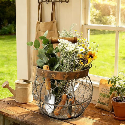Chicken Wire Egg Basket for Gathering Fresh Eggs, Rustic Farmhouse Egg Collecting Basket with Handle Star Décor for Kitchen Storage Holder Organizer Easter Display Decoration | by TAIANLE