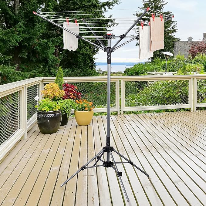 STO STO Portable Umbrella Clothesline, 82 Feet Rotary Drying Rack with Adjustable Height, Freestanding Laundry Line for Backyard, Patio, Balcony & Camping, Easy Setup with Carry Bag, No Tools Required