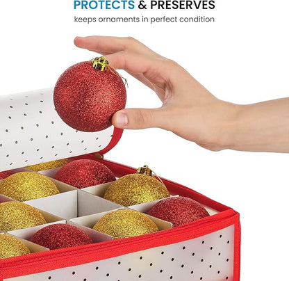 ZOBER Christmas Ornament Storage Box - Stores 128 Ornaments W/ 2 Sided Zipper - Flexible Plastic Christmas Ornament Storage Containers - 3 Inch Cube Compartments - Red