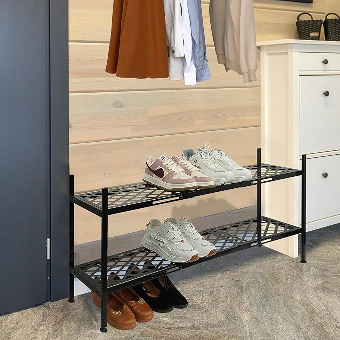 Shoe Rack, Expandable Shoes Organizer Metal Shelf Stand, 2 Tier Stackable Long Shoe Storage Holder For Closet, Floor, Entryway, Garage, Bedroom, Door Entrance For 12-18 Pairs, 45.6 inches Black