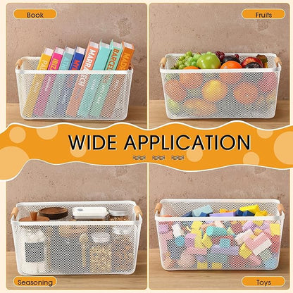 4 Pcs Metal Wire Basket with Wooden Handles Mesh Steel Storage Organizer Bin Containers for Home Cabinet Pantry Closet Kitchen Fridge Fruit Makeup Snacks Gifts(Extra Large,Cream White)