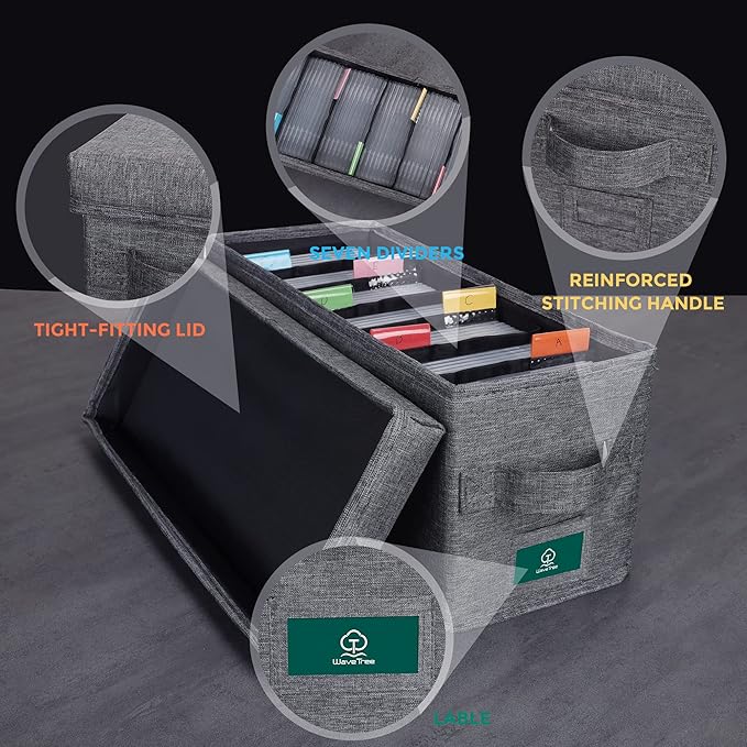CD Storage Box with Lid, Practical CD Case Holder Organizer with Index Labels, 14.6 x 5.7 x 6.1 Inches CD Storage Case to Store up to 35 CDs Jewel Cases, and 193 Discs- Grey